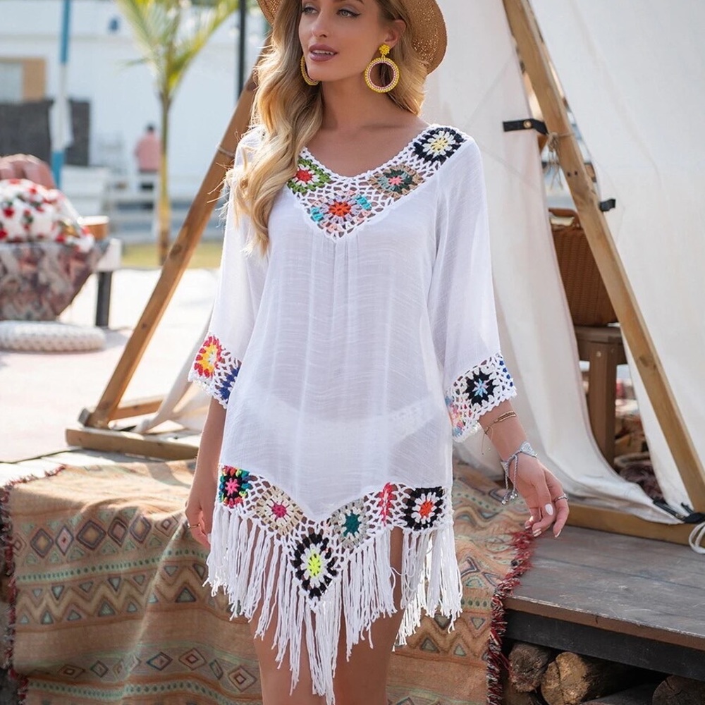 Bikini cover up dress crochet fringe white multicolor beach sundress v-neck - Picture 1 of 5